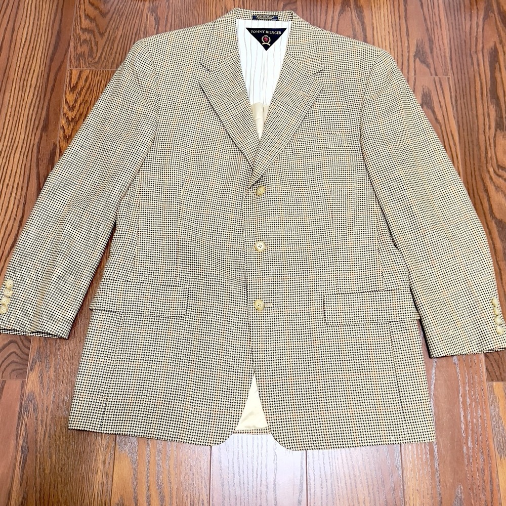 Tommy Hilfiger Sport Coat Men 42R Tan Houndstooth Excellent Made in USA Blazer